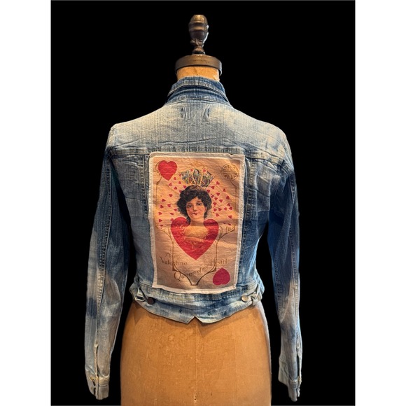 One-of-One Angel & Queen of Hearts Patch Cropped Denim Jacket Size Small - Picture 2 of 7